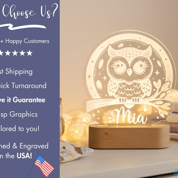 Custom Owl Night Light – Personalized Moon LED Bedroom Sign - Picture 4 of 8